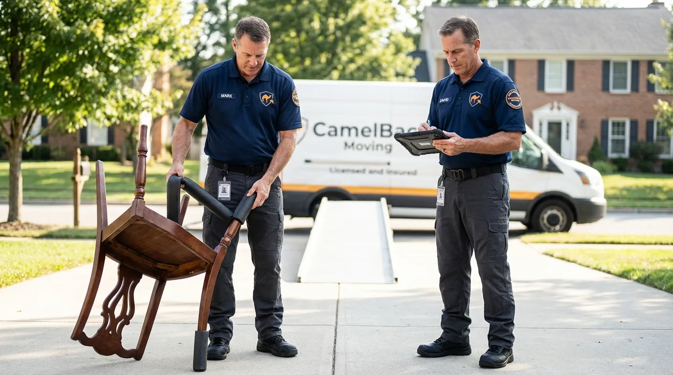 Movers inspecting furniture for damage prevention before loading in Hubbard, OH