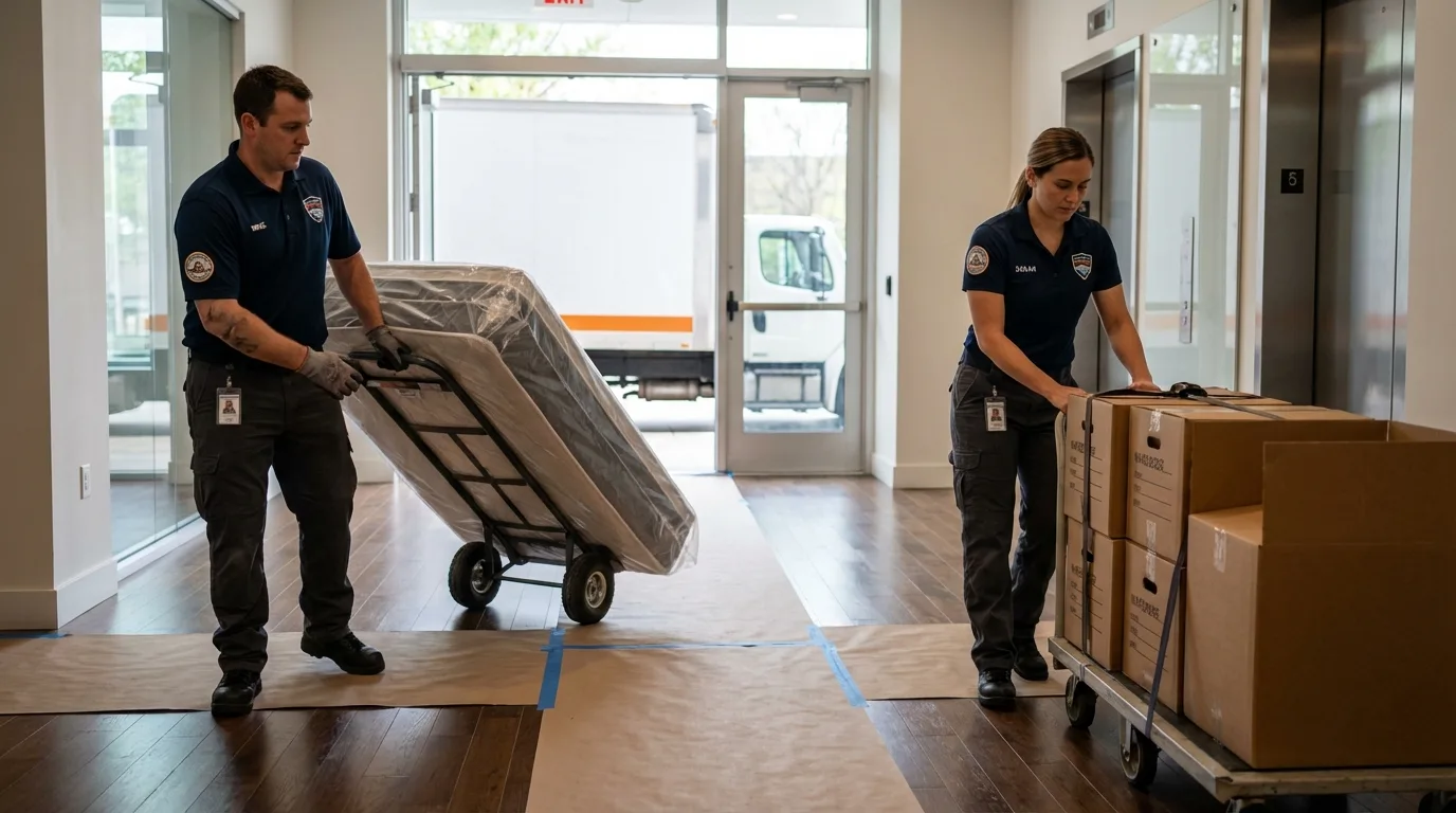 Professional apartment movers loading elevator in Hubbard, OH